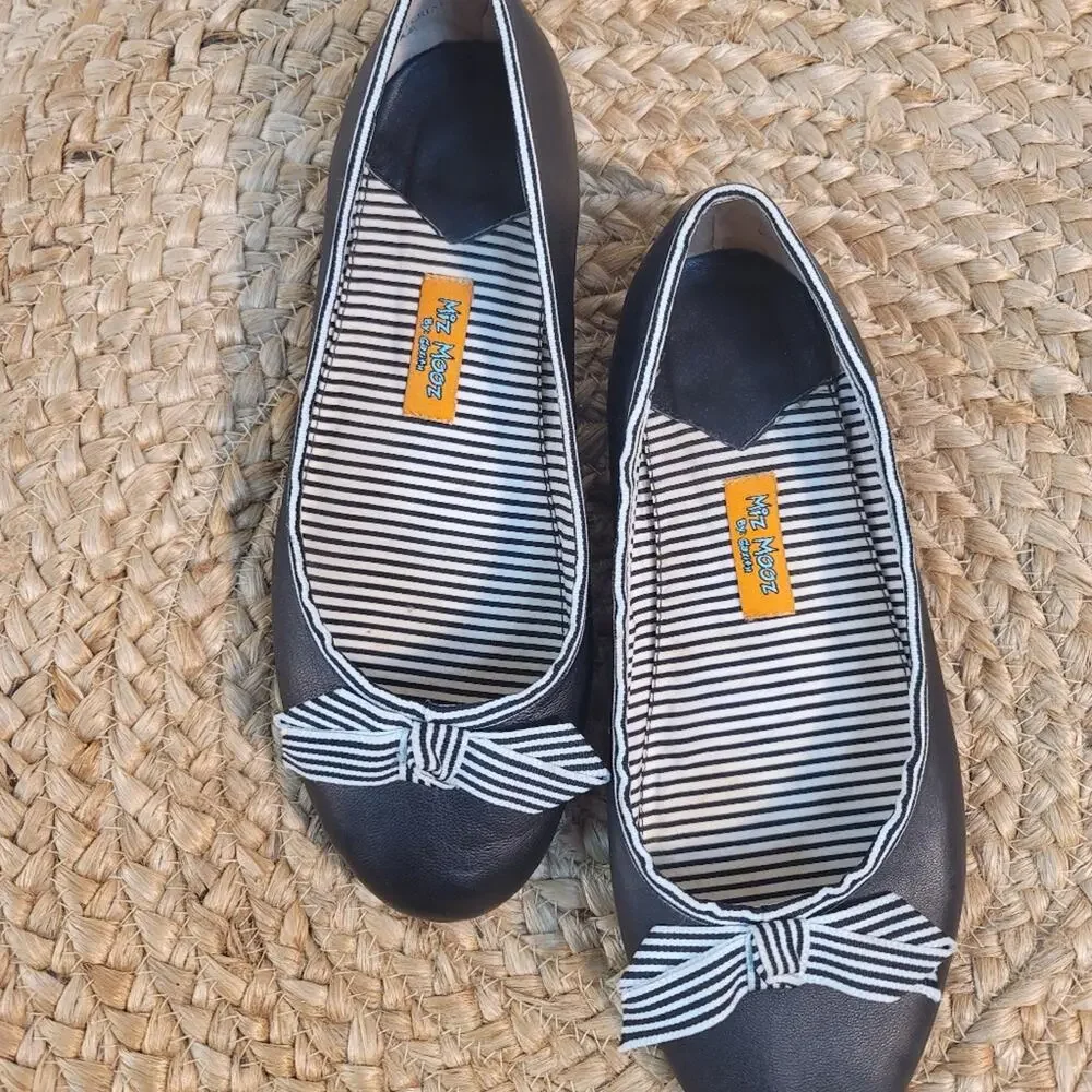 MIZ MOOZ by Gazith Navy Blue Vegan Leather Striped Bow Ballet Flats Round Toe 9 - Picture 5 of 12